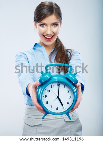Business time concept woman portrait. Young business model show big blue watch. Female model.