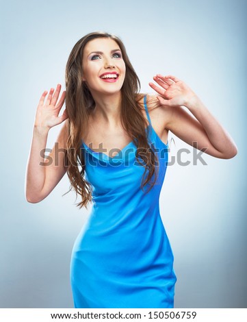 Portrait with hand of young smiling woman. Isolated studio background female model.