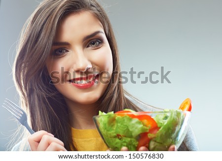 Woman close up smiling face, diet food concept