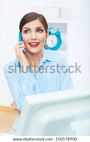 Portrait of smiling business woman call center operator at work. Young female business model.