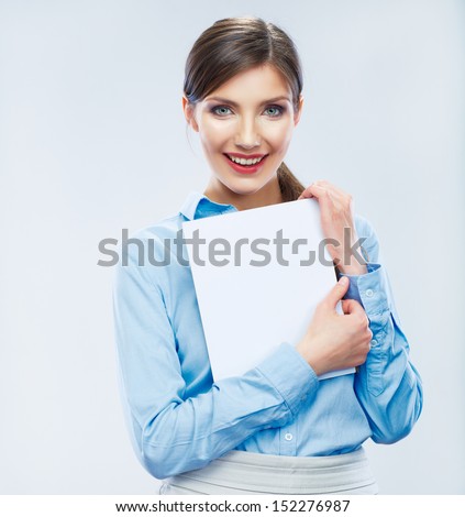 Business woman hold banner, white background  portrait. Female business model. Smiling girl isolated.