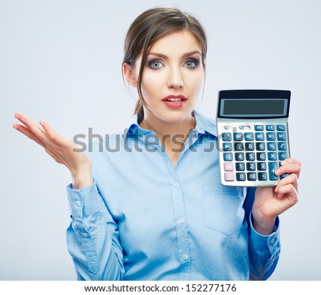 Business woman trouble concept with count machine. Isolated female portrait.
