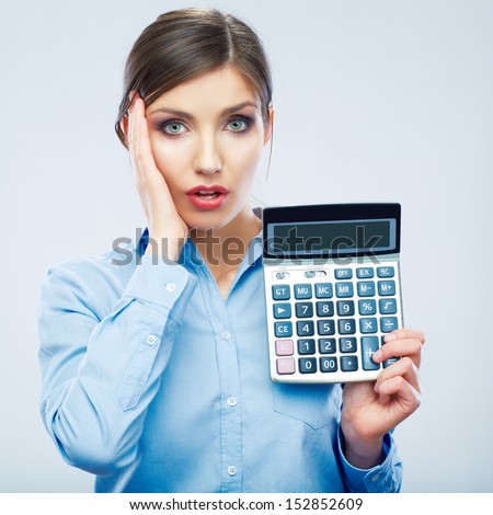 Business woman trouble concept with count machine. Isolated female portrait.