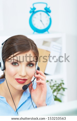Portrait of woman customer service worker, call center smiling operator with phone headset. Young female business model.