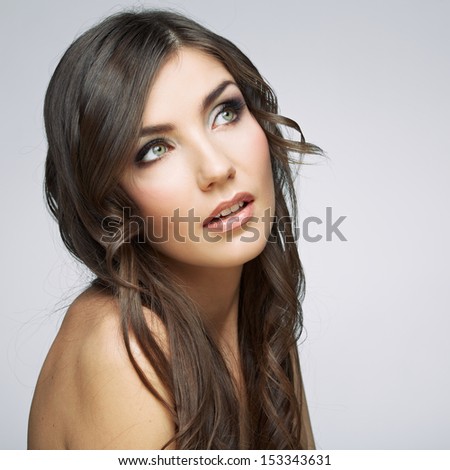 Woman beauty portrait, sensual open lips. Long hair style. Female model studio posing.