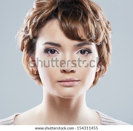 Young woman close up face beauty portrait. Female model isolated white background.