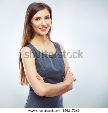 Portrait Of Young Smiling Business Woman White Background Isolated. Female Model Corporate Business Dressed.