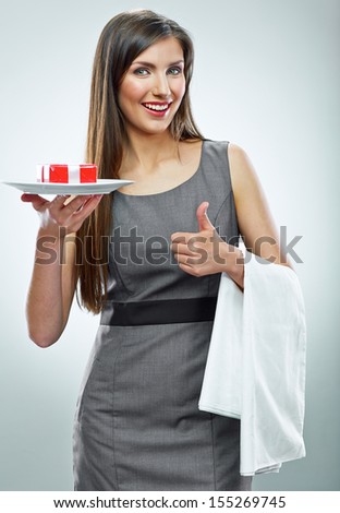 Business woman isolated portrait show thumb up. Female model.