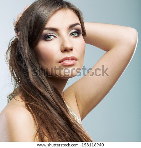 Woman face close up beauty portrait. Female model white background isolated.