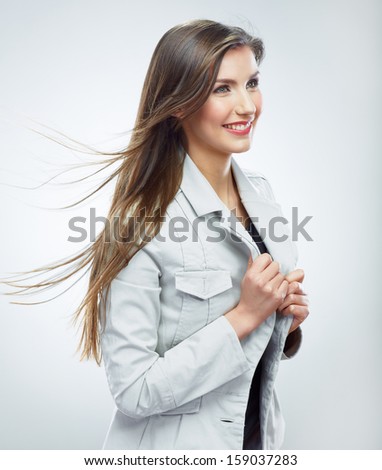 Smiling business woman portrait. Isolated on white background. White suit.