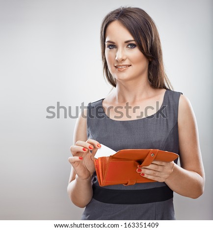 Business woman hold credit card from purse. Isolated portrait