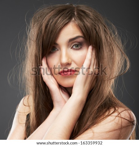 Woman hair, face close up beauty portrait. Female model poses.