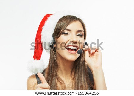 Christmas Santa business woman close up face portrait. White background isolated.