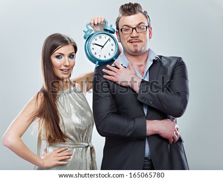 Time management. Business couple time concept. Isolated. Man, woman team.