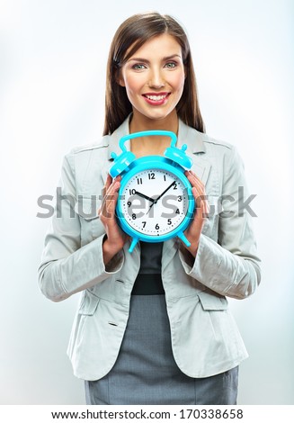 Business woman time concept portrait. White background isolated.