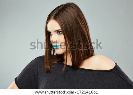 Beauty woman with blue lips, straight hair. Young model.