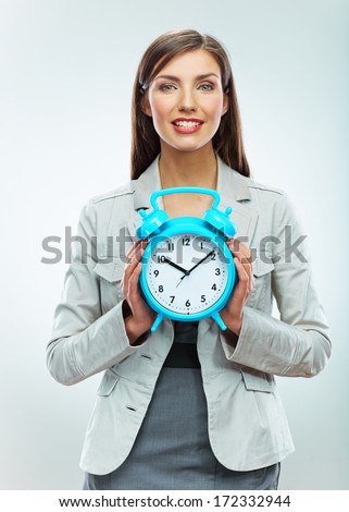 Business woman time concept portrait. White background isolated.