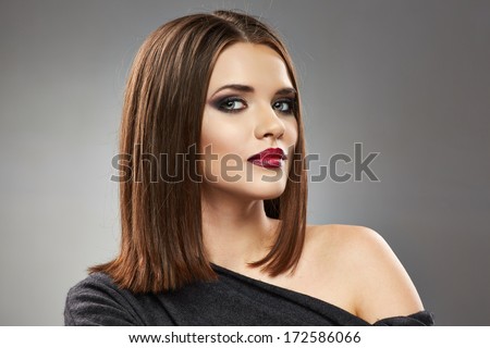 Straight Hair Style. Close Up Woman Face Portrait. Young Model.