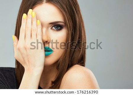 Beauty woman with blue lips, straight hair. Young model.
