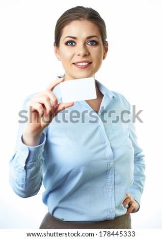 Business woman isolated on white background. Credit card. Female model.