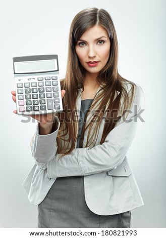 Woman accountant portrait. Young business woman. White background isolated.