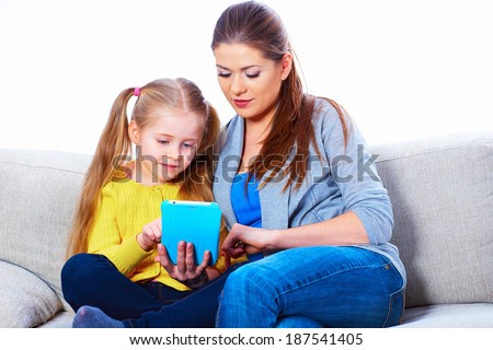 Child home education with tablet PC. White background isolated.