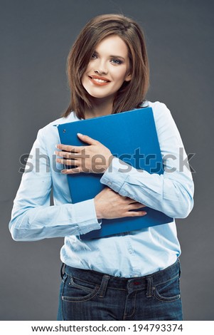 Business woman crossed arms hold paper folder.