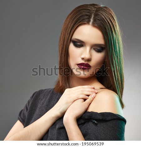 Straight hair style. Close up woman face portrait. Young model.