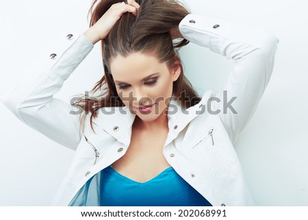 Young beautiful woman isolated white background portrait. Long brown hair. Isolated.