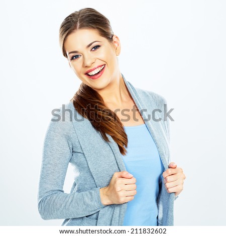 smiling young woman . emotion happy. isolated on white background .