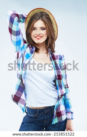 Beauty caucasian woman fashion posing in casual clothes.