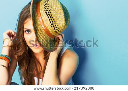 funny woman portrait on blue background