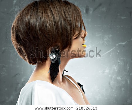 bob haircut. profile view. beauty face . short hair dress.