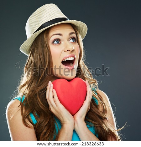 smiling woman face . red heart . valentine day concept .