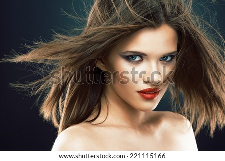 Hair. Woman face. Beauty girl. Blowing hair style.