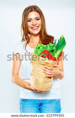Healthy lifestyle with green vegan food. Young woman green diet concept. White background.
