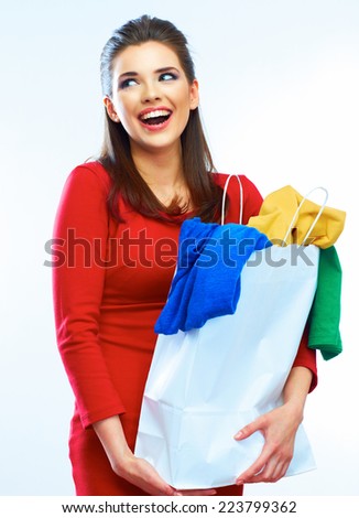 young woman, big teeth smile. isolated portrait of female model with shopping bag.