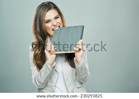 Tax report concept portrait of business woman bookkeeper, accountant. Isolated. Studio.