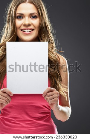 smiling model holding blank white advertising board. emotion happy .