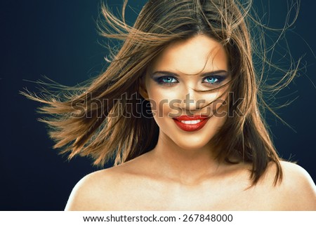 Beauty Hair Woman Portrait. Blowing hair. Smiling woman face.