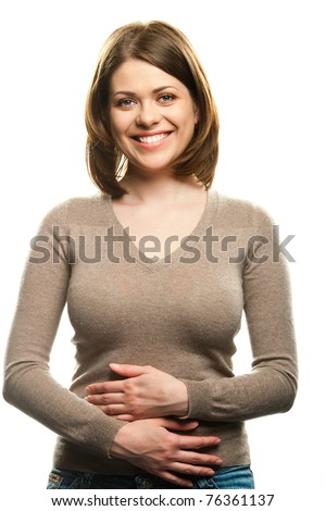 Closeup portrait of yong woman casual portrait in positive view, big smile, beautiful model posing in studio over white background . Isolated on white.