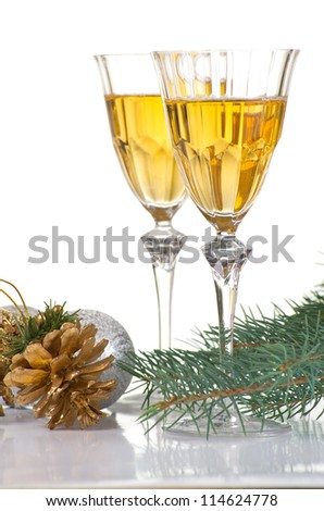Glasses of vine. isolated on white. New Year party (Christmas greeting card)