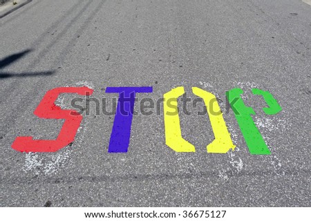 Stop stencil on road false color