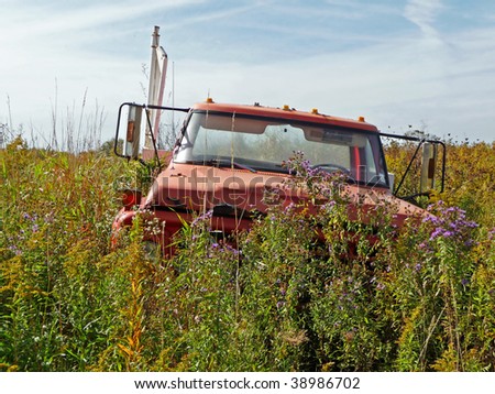 Abandoned vintage truck surrounded by Autumn weeds