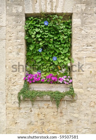 Vintage stone wall with flowers book cover effect background