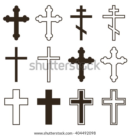 Big set of christian orthodoxy crosses in different styles and shapes isolated on white background. Cross as symbol of easter, faith, death and resurrection.