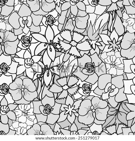 Beautiful summer ornate from many flowers, seamless pattern. illustration, drawn doodle