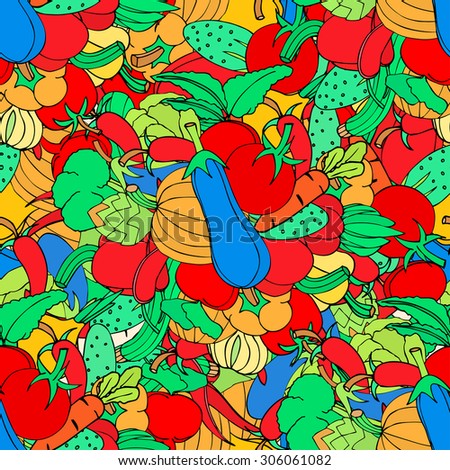 Seamless background of vegetables and spices, hand-drawn illustration
