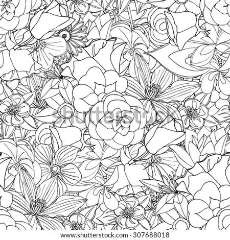 Beautiful summer ornate from many flowers, seamless pattern. drawn doodle