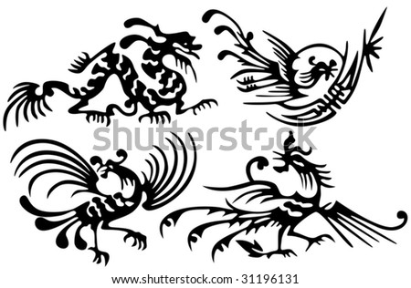 stock vector Tattoo of dragons and birds Ancient China